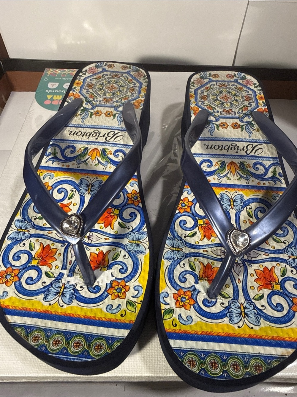 Brighton Museum Navy Blue Italian Tile Wedge Flip Flops Sandals Size 6